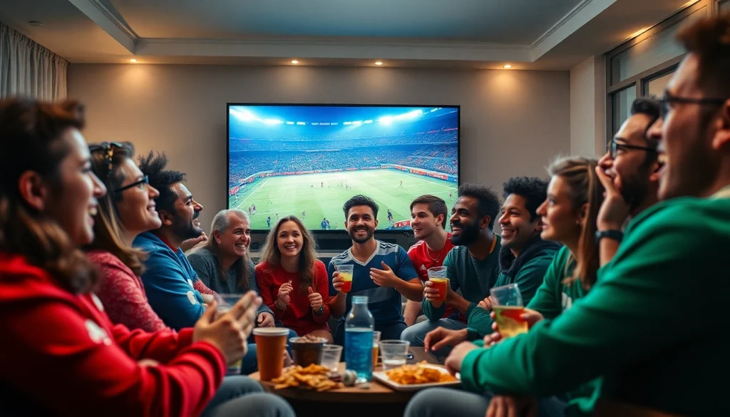 المشجعون يستمتعون بإثارة كوورة تي في أثناء مباراة كرة قدم حية، مع ألوان زاهية وأجواء جذابة.