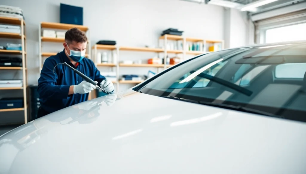 Ceramic coating near me: A professional applying ceramic coating on a car in a bright garage.