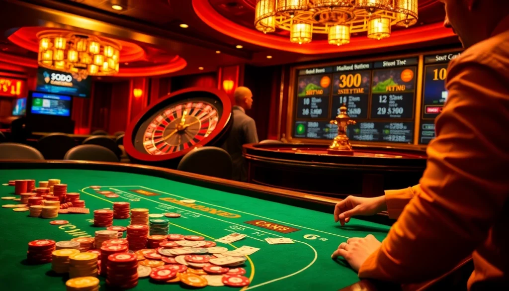 SODO66 casino table with vibrant chips, cards, and an exciting roulette wheel.