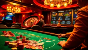 SODO66 casino table with vibrant chips, cards, and an exciting roulette wheel.