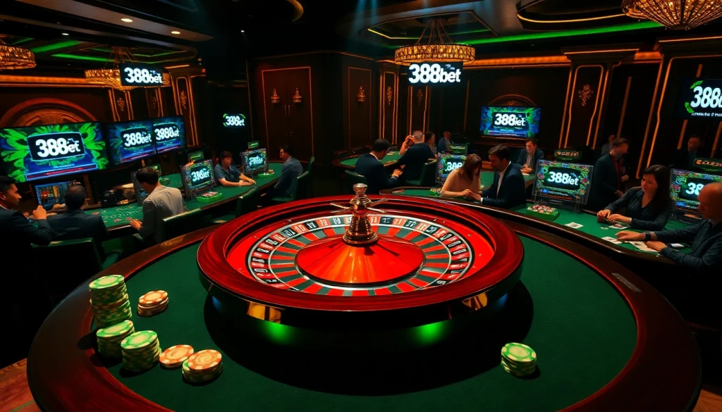 Experience the thrill of betting with 388bet at a luxury casino table filled with vibrant poker chips and cards.
