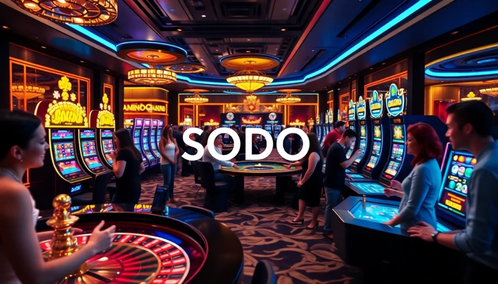 Players enjoying high-stakes games at SODO Casino, showcasing vibrant slot machines and roulette wheels.