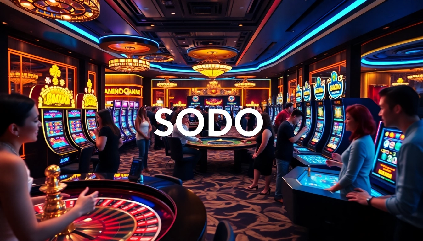 Players enjoying high-stakes games at SODO Casino, showcasing vibrant slot machines and roulette wheels.