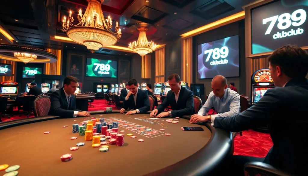 Excited players at a vibrant 789club poker table with chips and a roulette wheel.