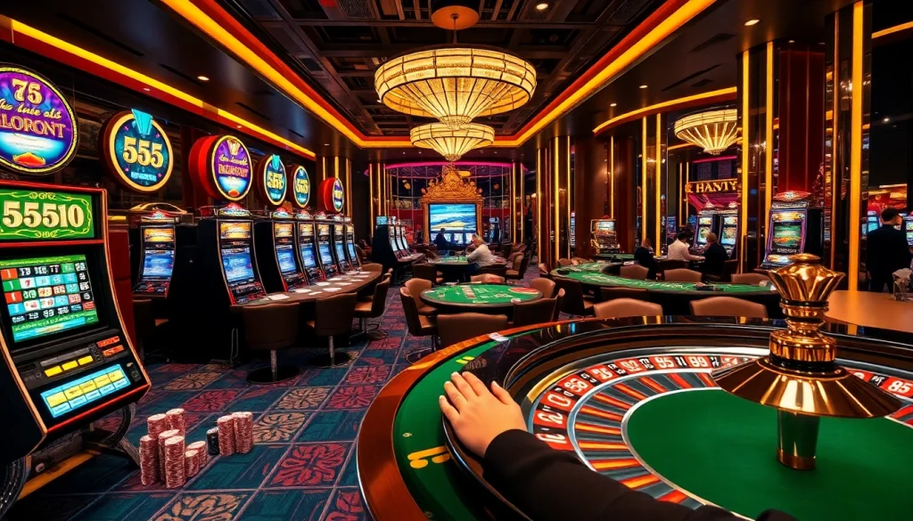 Experience the thrill of 555 win at a modern casino featuring vibrant gaming tables and excited players.