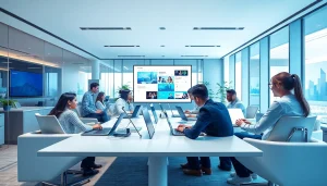 웹사이트 제작하는 팀이 현대 오피스에서 협업하는 모습입니다.