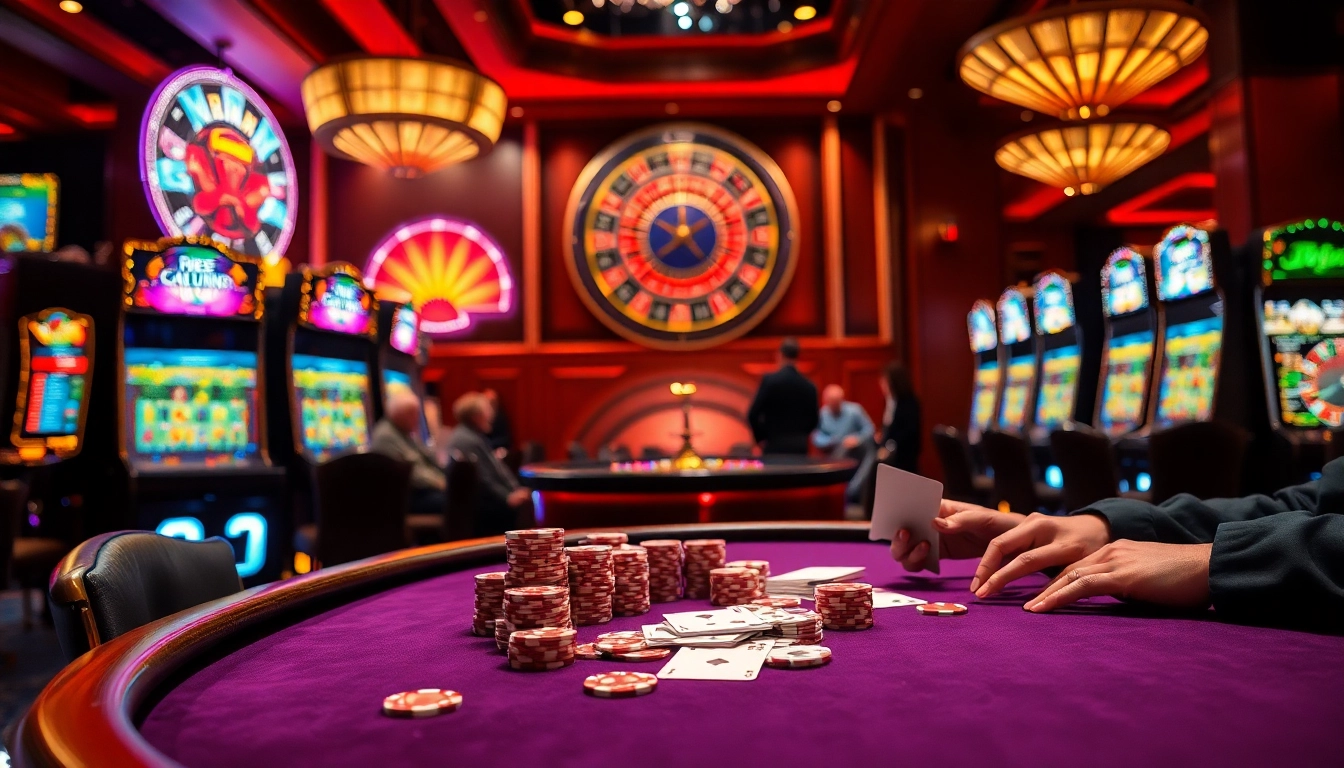 Kemenangan di kasino, merayakan Datuk Win dengan chip poker dan mesin slot yang berwarna-warni.