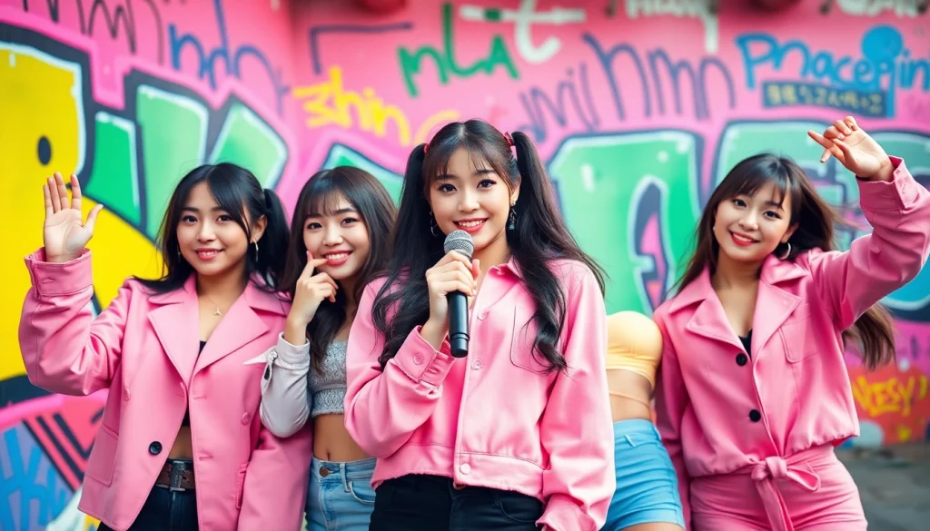 blackpink members posing dynamically against a colorful urban backdrop.