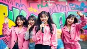 blackpink members posing dynamically against a colorful urban backdrop.