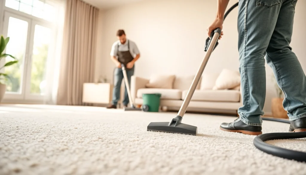 Local carpet cleaners expertly cleaning a carpet in a serene living room environment.