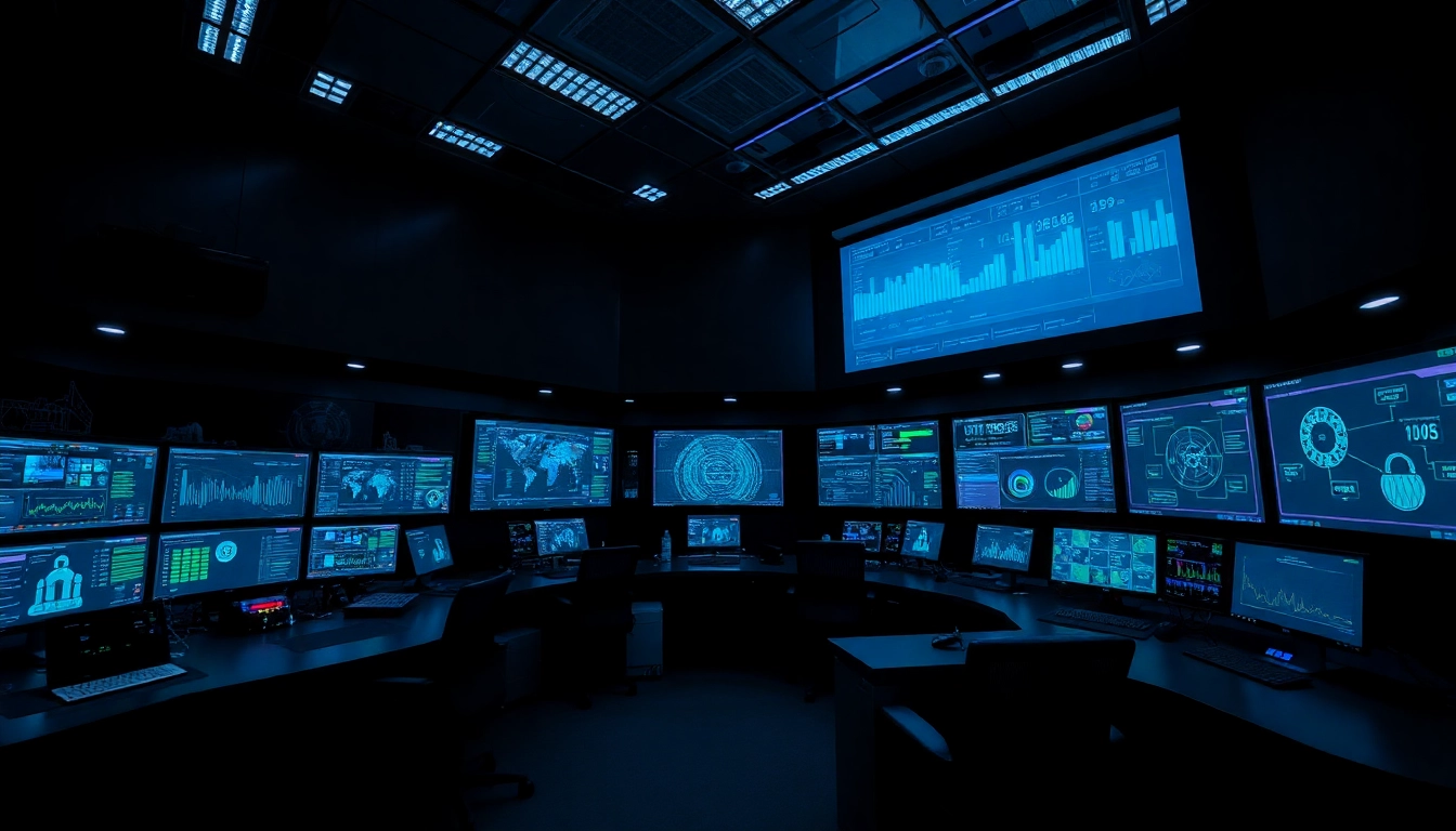 Advanced cybersecurity AI operation showcasing real-time data analytics in a high-tech command center.