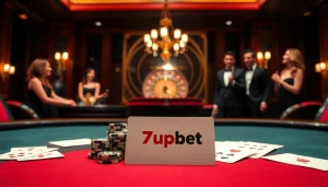 Gamblers enjoying a lively poker game at a luxurious table with 7upbet branding.