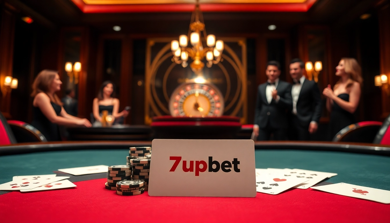 Gamblers enjoying a lively poker game at a luxurious table with 7upbet branding.