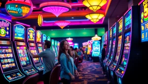 Permainan slot depo 1k yang menarik perhatian dengan mesin slot berwarna cerah dan lampu gemerlap.