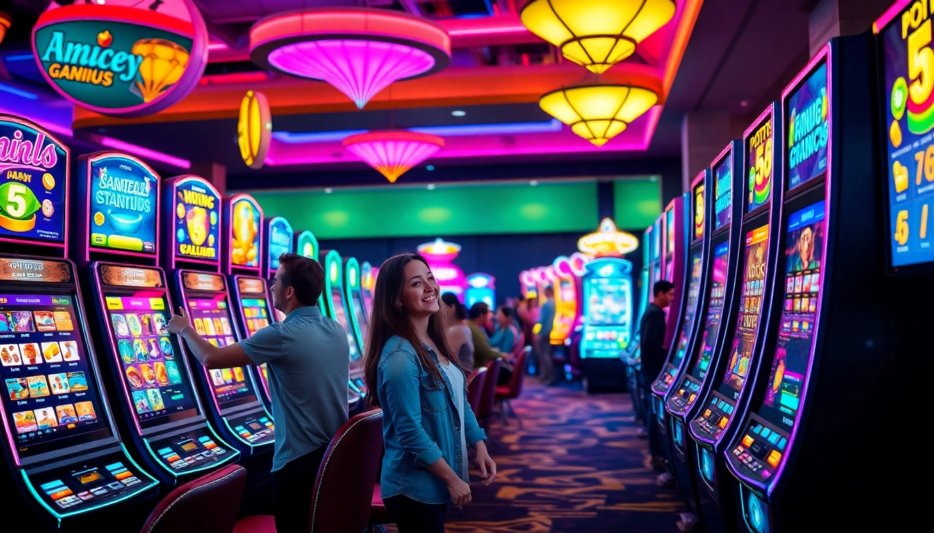 Permainan slot depo 1k yang menarik perhatian dengan mesin slot berwarna cerah dan lampu gemerlap.