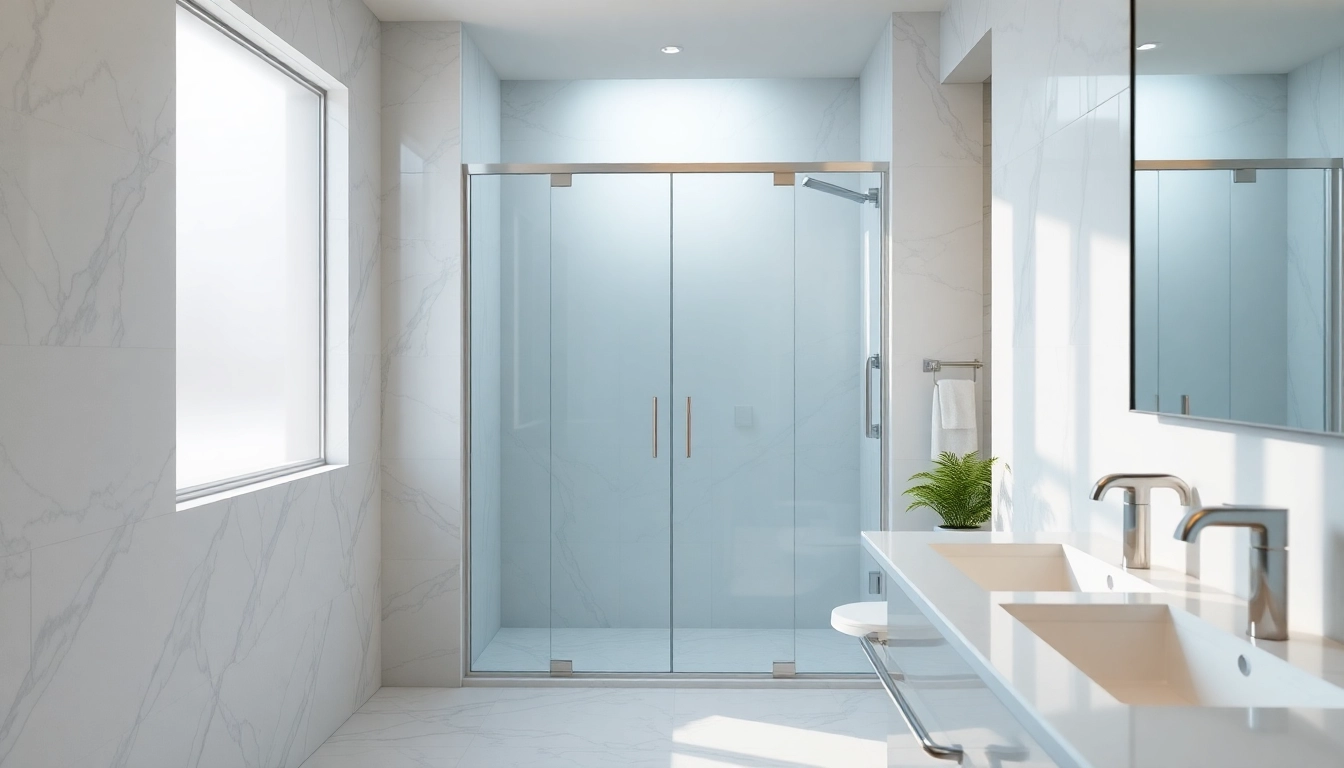Showcase of sunney shower doors in a modern bathroom with a soothing design.