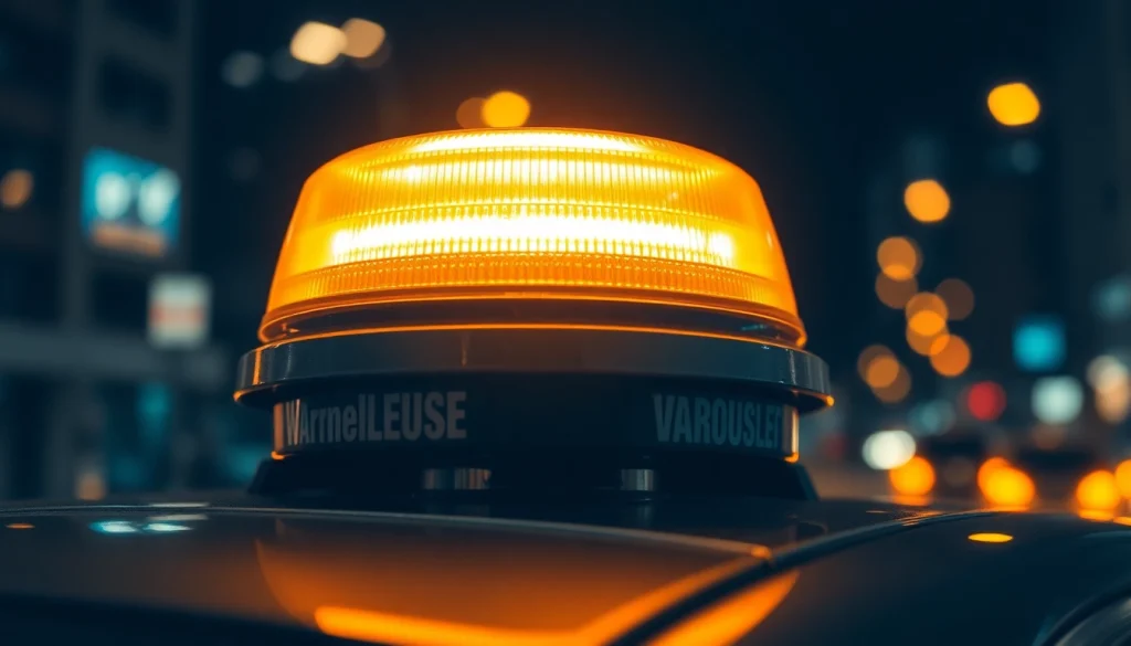 Warnleuchte V16 leuchtet hell auf einem Fahrzeugdach in nächtlicher Umgebung.