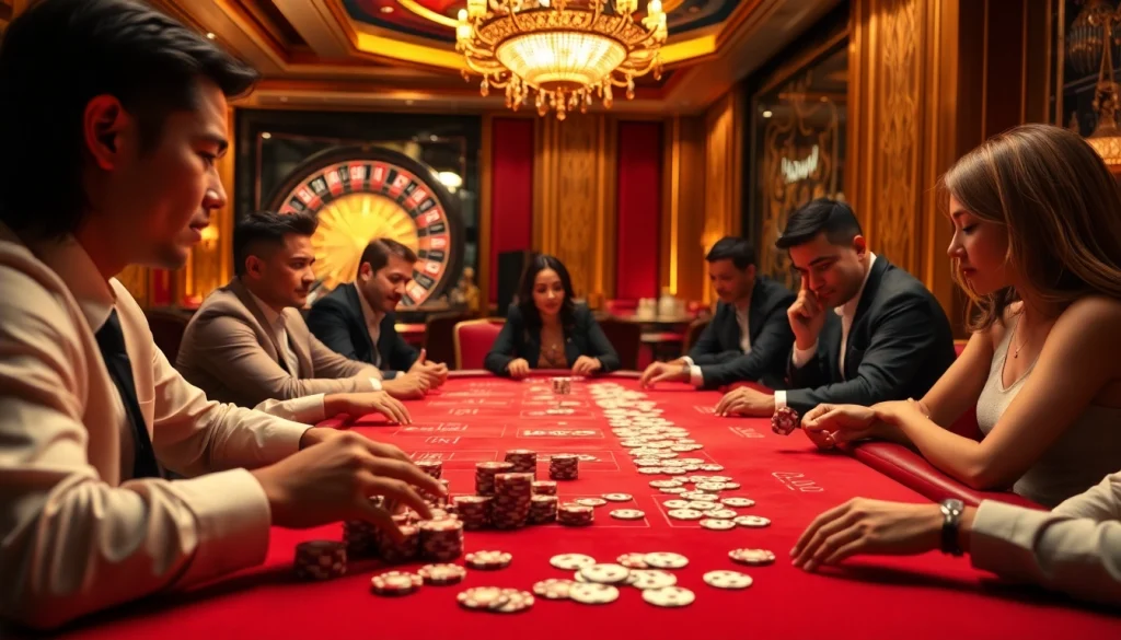 Experience excitement at hay.win with professional poker players strategizing in a luxurious casino setting.