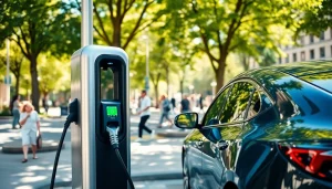 Highlighting EV charging solutions with a modern charger in an urban environment.