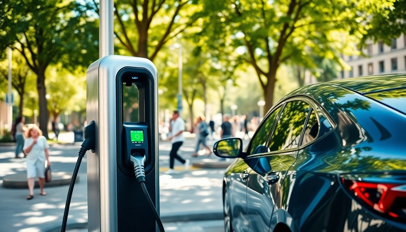 Highlighting EV charging solutions with a modern charger in an urban environment.