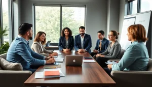 Engaging business coaching service session with professionals collaborating in a well-lit office.
