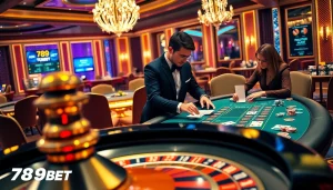Experience thrilling gameplay at 789BET with an elegant blackjack scene showcasing gamblers and vibrant casino elements.
