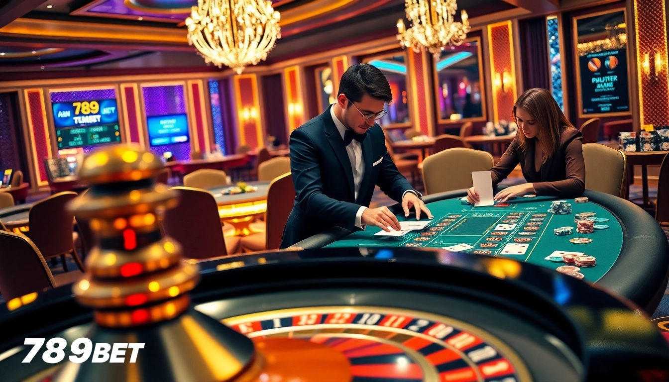 Experience thrilling gameplay at 789BET with an elegant blackjack scene showcasing gamblers and vibrant casino elements.