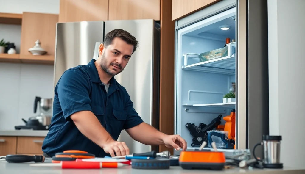 Expert technician performing refrigerator repair ottawa in a modern kitchen with tools and bright lighting.