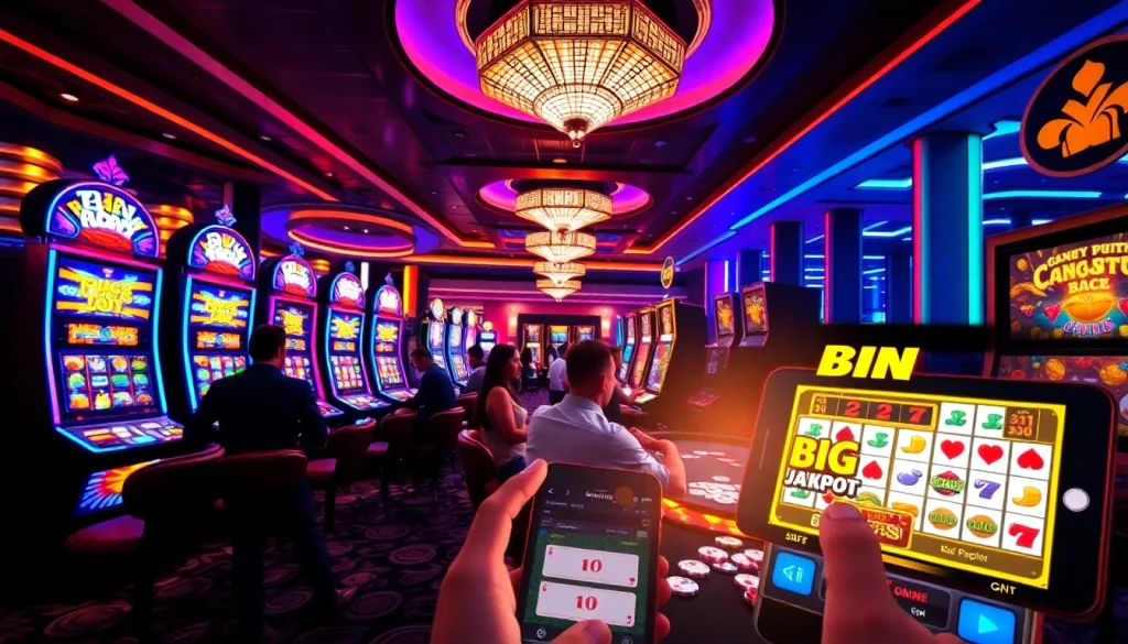 Para pemain merayakan kemenangan besar di kasino slot Depo 1K, menampilkan mesin-mesin berwarna cerah dan permainan yang imersif.