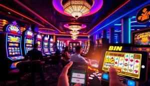 Para pemain merayakan kemenangan besar di kasino slot Depo 1K, menampilkan mesin-mesin berwarna cerah dan permainan yang imersif.