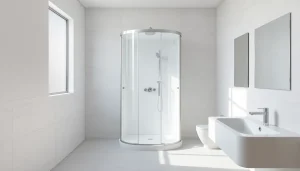 Präsentation einer eleganten duschkabine 100x100 in einem modernen Badezimmer-Setting.