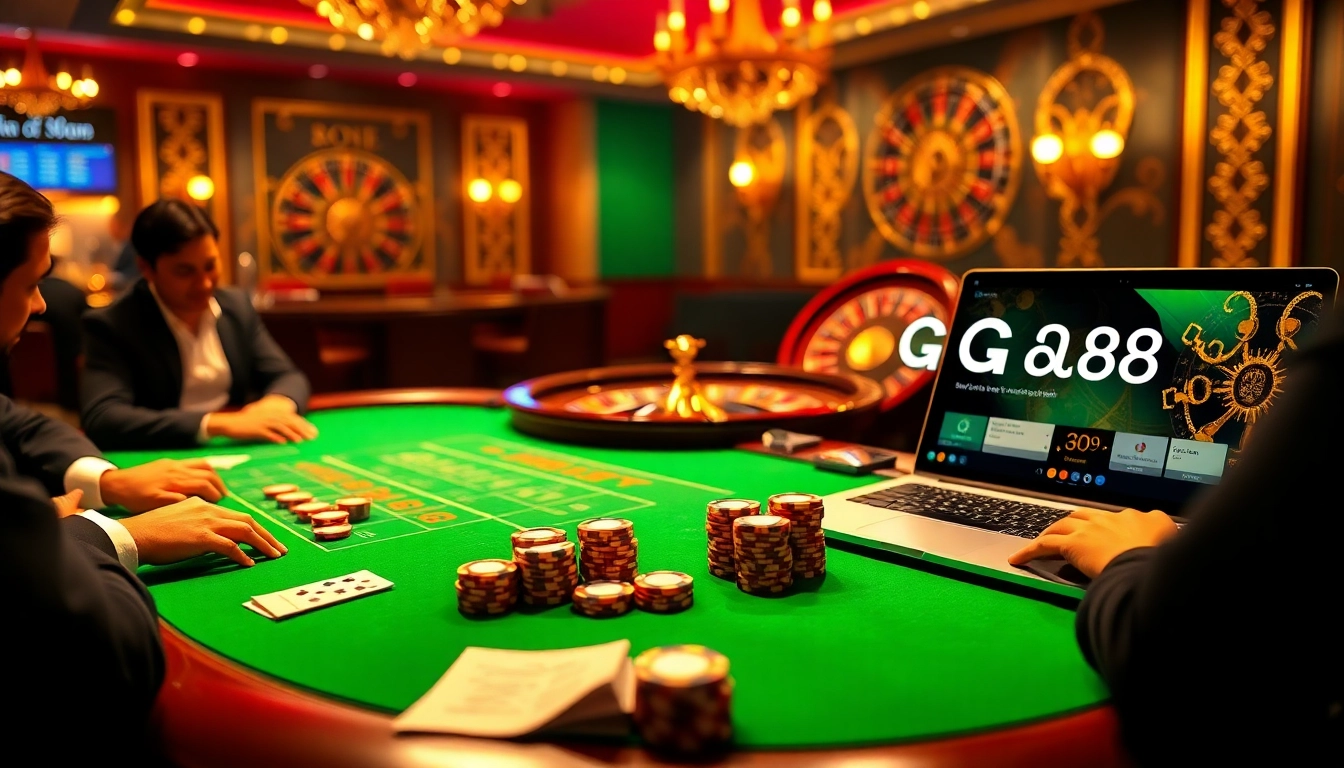 Action-packed poker game highlighting Nhà cái QQ88 amid vibrant casino atmosphere.