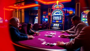 Players enjoying high-stakes poker at an idnslot-themed casino, with vibrant colors and luxurious ambiance.