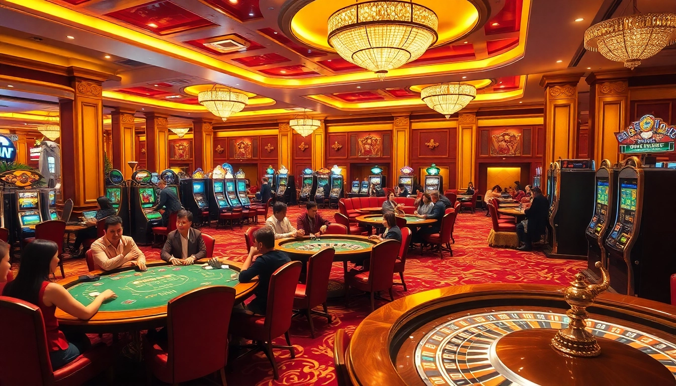 Exciting gaming scene at trang chủ rr88 featuring vibrant casino tables and players enjoying card games.