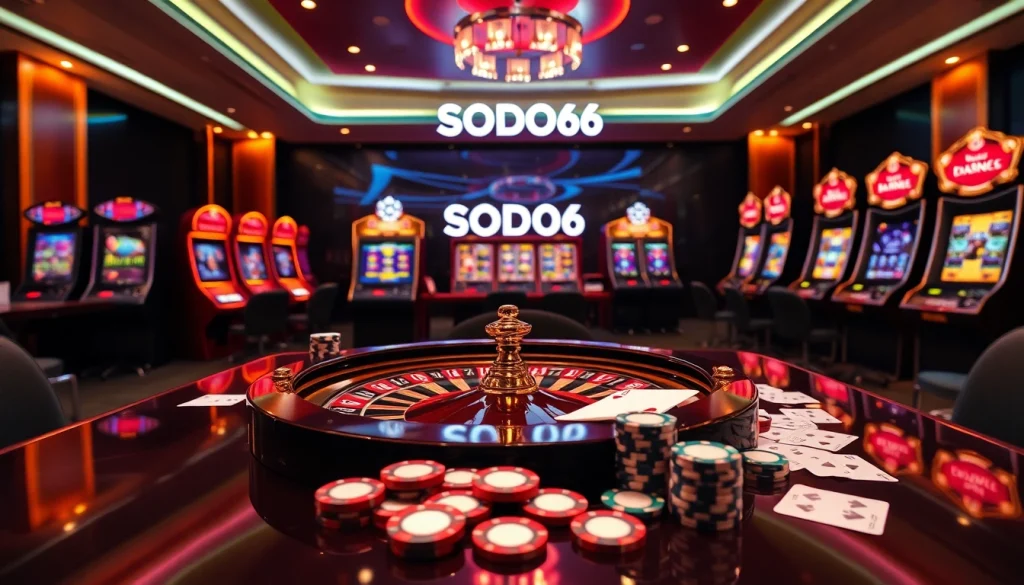 SODO66 engaging gamblers with a vibrant casino scene featuring roulette and slot machines.