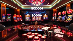 SODO66 engaging gamblers with a vibrant casino scene featuring roulette and slot machines.