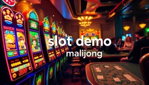 Experience the thrill of slot demo mahjong with vibrant slot machines, eager players, and a bustling casino backdrop!