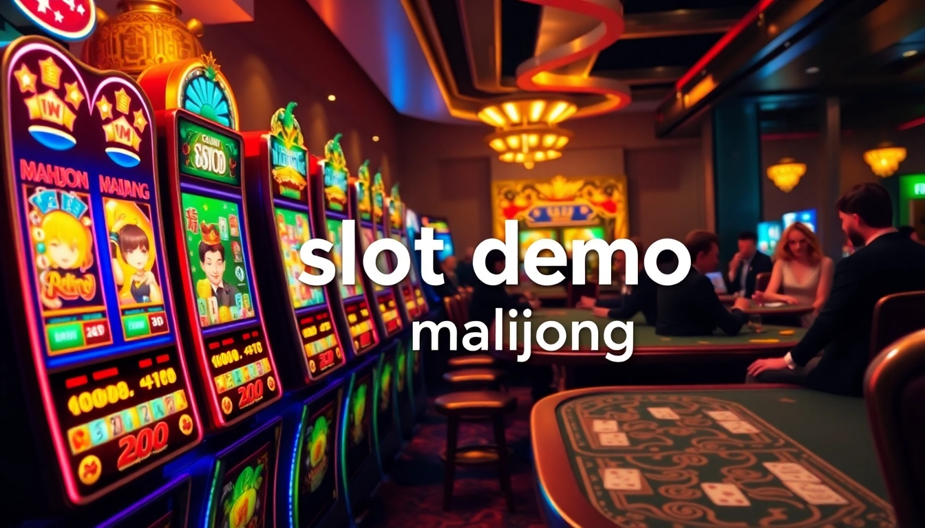 Experience the thrill of slot demo mahjong with vibrant slot machines, eager players, and a bustling casino backdrop!