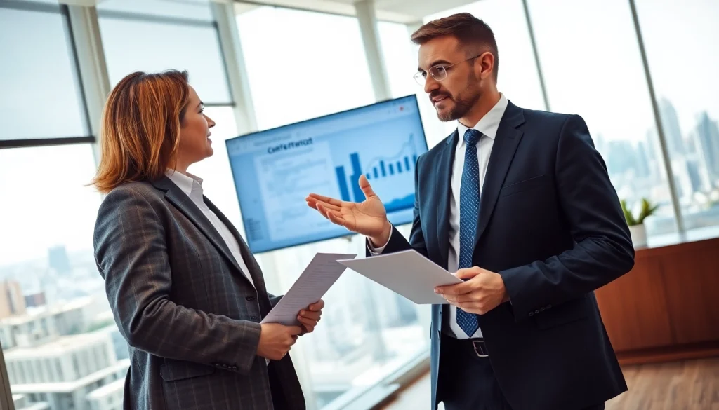 Real estate lawyer advising a client in a modern office setting with professional demeanor.