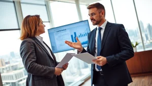 Real estate lawyer advising a client in a modern office setting with professional demeanor.