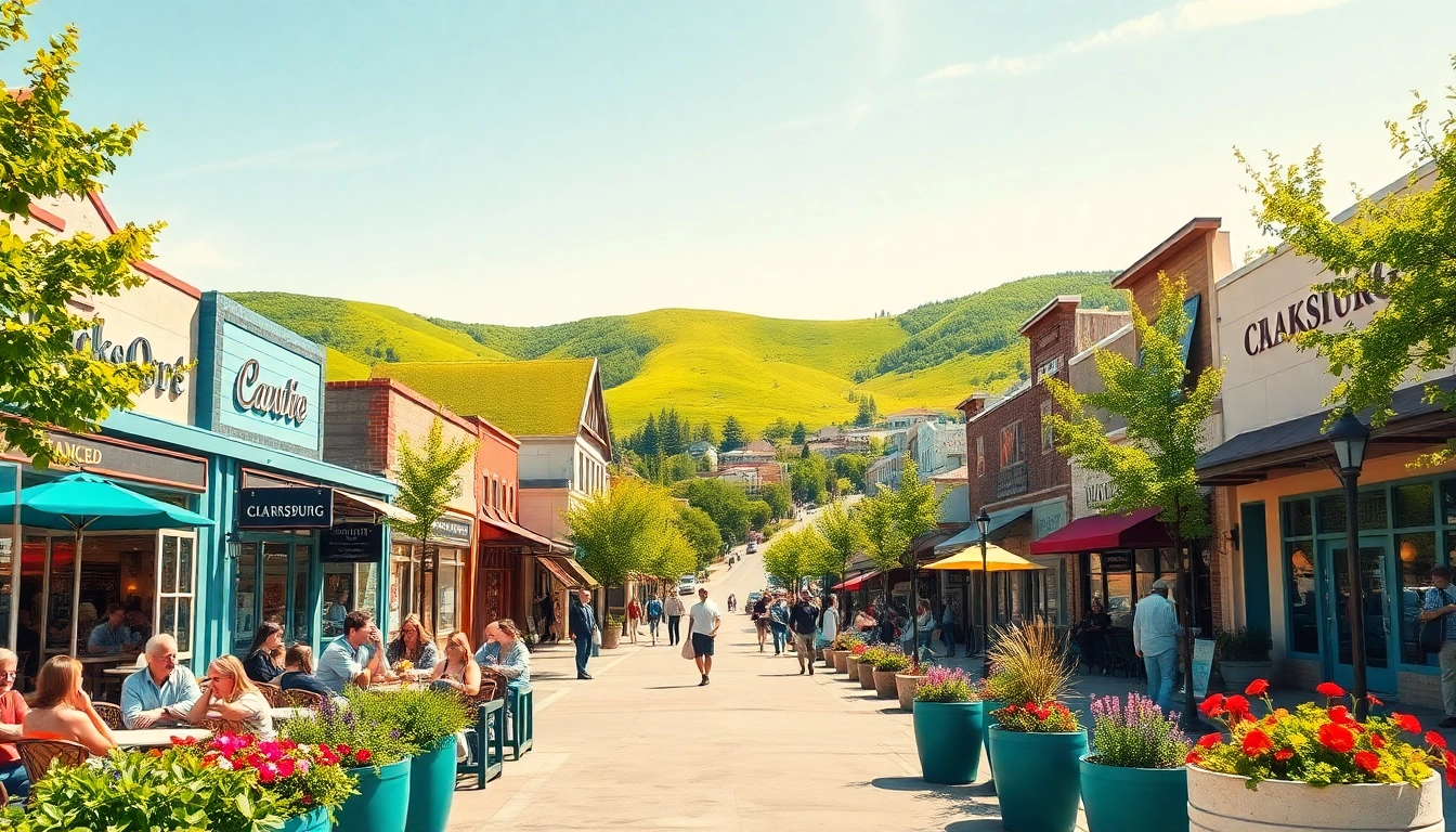 Explore the vibrant Clarksburg downtown with bustling streets and inviting cafes.