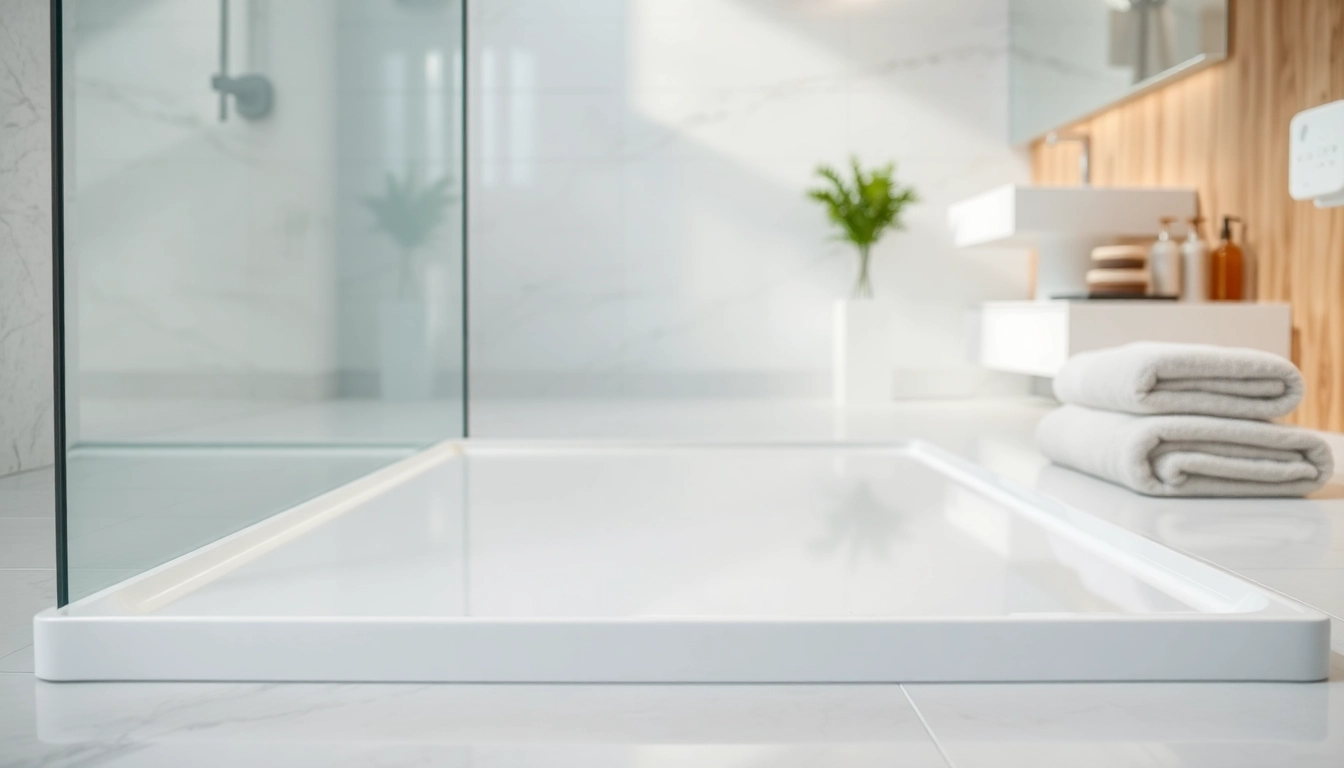 Installing a stylish shower base in a modern bathroom with sleek features and bright lighting.