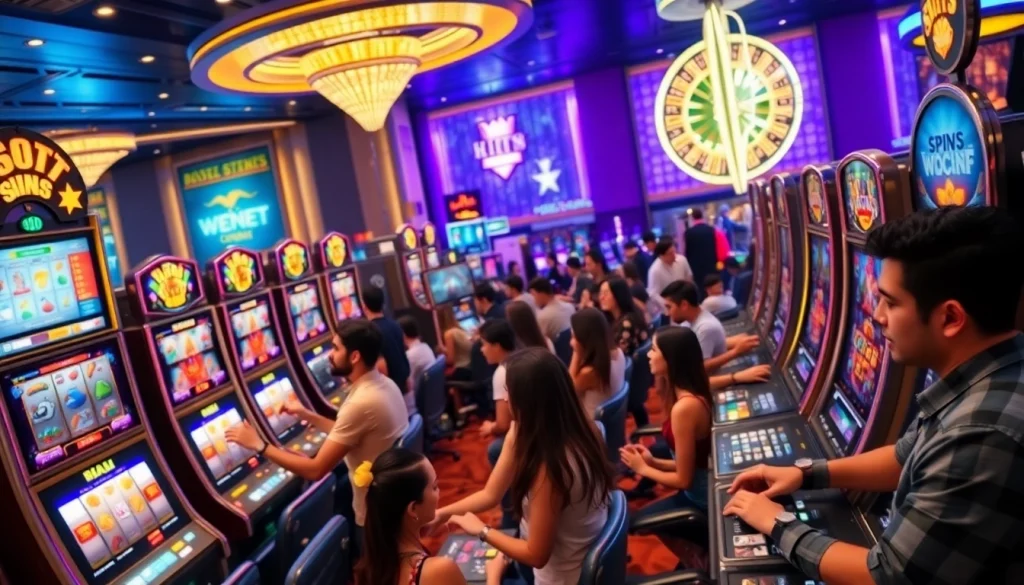 Pemain yang bersemangat menikmati sensasi permainan slot deposit pulsa tanpa potongan di kasino yang penuh warna.