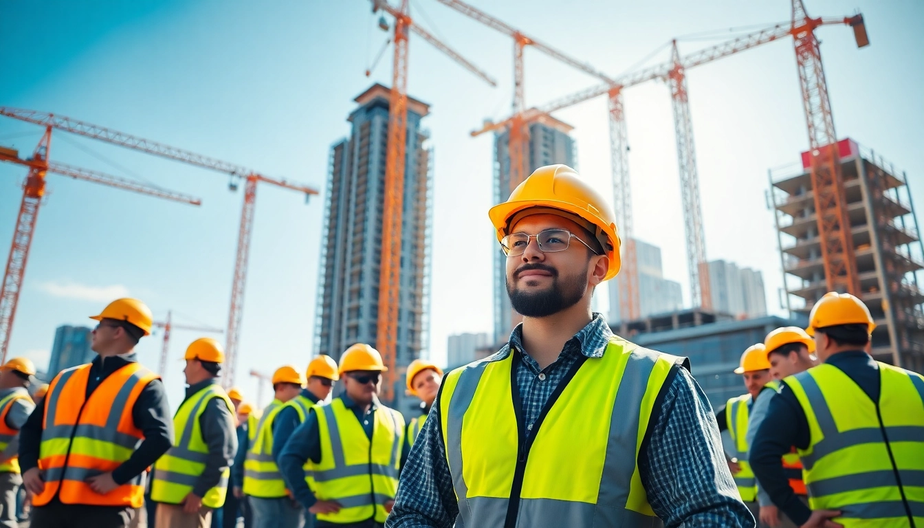 Construction career scene with diverse workers on an urban construction site, highlighting teamwork and safety.