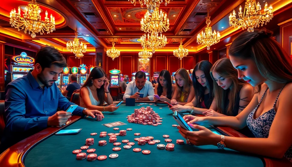 Players immersed in a mobile porn game at a vibrant casino gaming table.