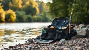 Fly fishing bag with fishing accessories beside a sparkling river, showcasing outdoor adventure.
