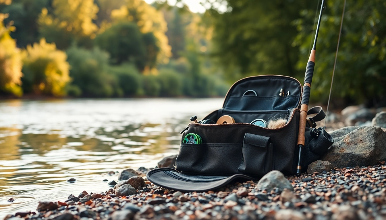 Fly fishing bag with fishing accessories beside a sparkling river, showcasing outdoor adventure.