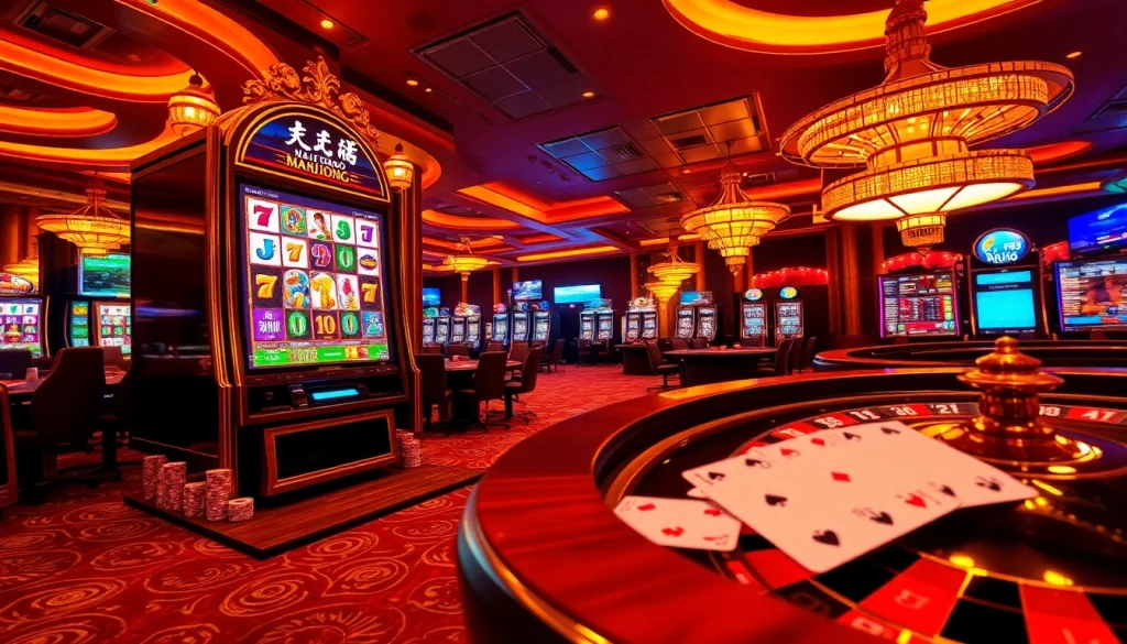 Playing a slot demo mahjong on a vibrant casino floor filled with excitement and luxury.