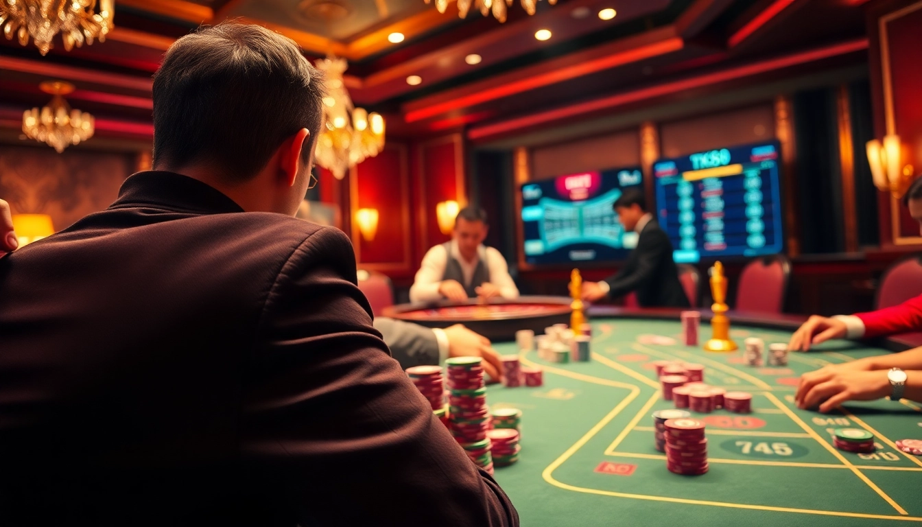 Players strategizing at a Tk88 poker table in a vibrant casino setting.