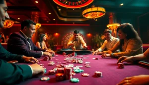 Enthusiastic players engaging at the MM 88 casino table with vibrant colors and luxury ambiance.